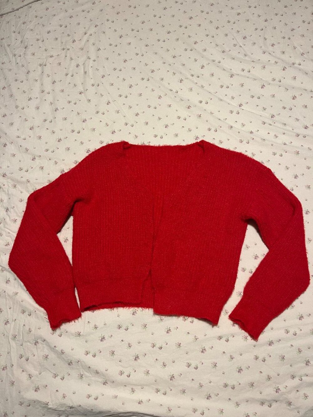 Red Knit Cardigan V Neck Open No Buttons Size Large Excellent Condition